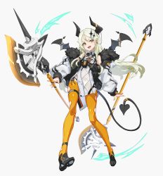 Rule 34 | 1girl, axe, breasts, cancell, demon horns, demon tail, demon wings, dual wielding, fur collar, hair ornament, highres, holding, horns, jacket, long hair, looking at viewer, open clothes, open jacket, open mouth, orange eyes, orange thighhighs, original, platinum blonde hair, science fiction, side slit, skin tight, small breasts, solo, tail, thighhighs, white background, wings