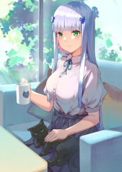 Rule 34 | 1girl, absurdres, alternate costume, animal, black cat, black skirt, blue ribbon, blunt bangs, blush, breasts, cat, closed mouth, coffee mug, collared shirt, couch, cup, girls&#039; frontline, green eyes, hair ornament, highres, hk416 (girls&#039; frontline), holding, holding cup, huge filesize, long hair, looking at viewer, medium breasts, mug, neck ribbon, on couch, petting, ren huozhe, ribbon, shirt, short sleeves, sidelocks, silver hair, sitting, skirt, smile, solo, steam, straight hair, very long hair, white shirt