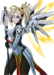 Rule 34 | 1girl, armor, black gloves, blonde hair, blue eyes, blush, bodysuit, breastplate, breasts, brown pantyhose, clash kuro neko, closed mouth, cowboy shot, eyebrows, eyelashes, faulds, from side, gloves, glowing, glowing wings, hair ornament, hair tie, halo, hands up, headgear, high collar, highres, holding, holding staff, large breasts, legs apart, loincloth, long hair, long sleeves, looking at viewer, mechanical halo, mechanical wings, mercy (overwatch), overwatch, overwatch 1, pantyhose, pelvic curtain, ponytail, simple background, skin tight, smile, solo, spread wings, staff, turtleneck, weapon, white background, wing print, wings, yellow wings