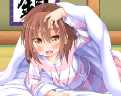 Rule 34 | 10s, 1girl, blush, brown eyes, brown hair, commentary request, fang, futon, hair between eyes, hair ornament, hairclip, hand on own head, ikazuchi (kancolle), jewelry, kantai collection, lifting covers, looking at viewer, lying, open mouth, pajamas, ring, short hair, tatami, tsunsuki (naobe009), under covers