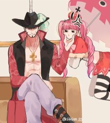 Rule 34 | 1boy, 1girl, anger vein, bad id, bad twitter id, beard, belt, black eyes, black hair, blunt bangs, boots, capelet, coat, commentary, commentary request, crop top, cross pendant, crossed legs, crown, dracule mihawk, drill hair, eyelashes, facial hair, floating, hand on another&#039;s face, hat feather, holding, holding umbrella, joman, korean commentary, long hair, looking at another, mini crown, mustache, one piece, pants, pantyhose, perona, pink hair, profile, red capelet, red skirt, ribbon, simple background, sitting, skirt, striped clothes, striped pantyhose, striped thighhighs, sword, thighhighs, twintails, umbrella, weapon, yellow eyes