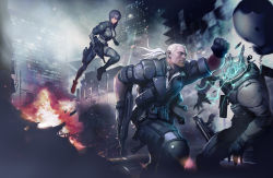 Rule 34 | 1girl, 2boys, batou (gits), bob cut, body armor, bodysuit, brown hair, cropped jacket, cyborg, explosion, fingerless gloves, ghost in the shell, ghost in the shell stand alone complex, gloves, gun, knee pads, kusanagi motoko, maroon eyes, multiple boys, ponytail, punching, purple hair, short hair, short hair with long locks, weapon