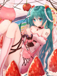 Rule 34 | 1girl, absurdres, apple, aqua hair, bad id, bad pixiv id, bare shoulders, black collar, blush, boots, bow, cake, collar, collarbone, commentary request, detached sleeves, dress, food, fruit, gya (144), hair ornament, hatsune miku, highres, jewelry, long fingers, long hair, long legs, looking at viewer, necklace, pink bow, pink dress, pink footwear, puffy sleeves, smile, solo, strawberry, tattoo, thighhighs, twintails, very long hair, vocaloid