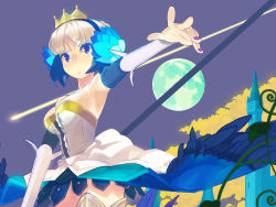 Rule 34 | 1girl, arm warmers, armor, armored dress, armpits, bare shoulders, breasts, castle, cleavage, crown, dress, feathers, flower, full moon, gwendolyn (odin sphere), hair flower, hair ornament, hairband, holding, moon, nail polish, odin sphere, polearm, pteruges, purple eyes, short hair, solo, spear, standing, strapless, strapless dress, weapon, white hair, wings, yuuki (irodo rhythm)