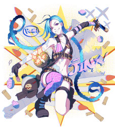 Rule 34 | 1girl, ahoge, aircraft, airplane, armpits, asymmetrical clothes, asymmetrical gloves, bad id, bad pixiv id, bandage over one eye, bandages, bandolier, belt, belt bra, belt skirt, bikini, bikini top only, blue hair, blurry, boots, braid, breasts, bullet, character name, combat boots, elbow gloves, explosive, fingerless gloves, firing, floating hair, gatling gun, gloves, grenade, grin, gun, halftone, halftone background, head tilt, jewelry, jinx (league of legends), kneeling, league of legends, long hair, looking at viewer, meer rowe, midriff, mismatched gloves, missile, muzzle flash, nail polish, navel, necklace, o-ring, o-ring top, on one knee, outstretched arms, platform footwear, purple eyes, purple thighhighs, sharp teeth, shell casing, short shorts, shorts, single elbow glove, single thighhigh, small breasts, smile, solo, speech bubble, spread arms, stuffed animal, stuffed toy, swimsuit, tattoo, teddy bear, teeth, thighhighs, twin braids, twintails, very long hair, weapon