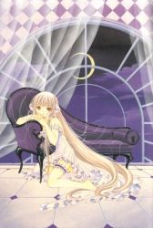 Rule 34 | 00s, 1girl, bare shoulders, chii, chobits, clamp, couch, dress, long hair, moon, off shoulder, solo