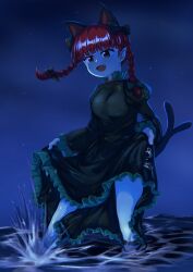 Rule 34 | 1girl, absurdres, animal ears, black dress, blunt bangs, bow, braid, cat ears, cat girl, cat tail, dress, extra tails, hair bow, highres, kaenbyou rin, lifting own clothes, long sleeves, night, night sky, pointy ears, red eyes, red hair, sky, solo, suke (rf6tk), tail, thigh strap, touhou, twin braids, water