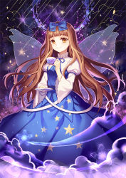 Rule 34 | 1girl, blue bow, blue ribbon, blue skirt, blunt bangs, bow, brown eyes, brown hair, closed eyes, commentary request, cup, fairy wings, hair bow, holding, holding cup, long hair, long skirt, long sleeves, looking at viewer, mirror (xilu4), puffy long sleeves, puffy sleeves, ribbon, shooting star, skirt, smile, solo, star (symbol), star print, star sapphire, teacup, touhou, transparent wings, wide sleeves, wings