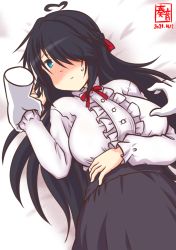 Rule 34 | 1boy, 1girl, ahoge, alternate costume, bed, bed sheet, bedroom, black hair, black skirt, blue eyes, blush, boy on top, breasts, covered eyes, dress, dress shirt, embarrassed, frilled shirt, frills, hair ribbon, indoors, jewelry, kako (kancolle), kanon (kurogane knights), kantai collection, large breasts, long hair, long sleeves, lying, messy hair, necklace, on back, on bed, one-hour drawing challenge, red ribbon, ribbon, shirt, skirt