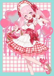 Rule 34 | 1girl, bow, bright pupils, bucket, commission, dress, hair bow, heart, heart-shaped pupils, l hakase, long hair, original, pink eyes, pink footwear, pink hair, red bow, solo, symbol-shaped pupils, twintails, white pupils, wrist cuffs