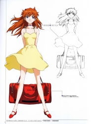 Rule 34 | 1girl, arms behind back, bare legs, bare shoulders, blue eyes, choker, concept art, dress, female focus, hair ornament, highres, long hair, long legs, luggage, multiple views, neon genesis evangelion, non-web source, orange hair, page number, partially colored, shoes, simple background, smile, souryuu asuka langley, white background, yellow dress