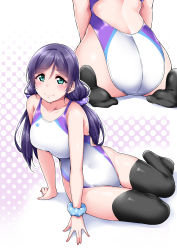 Rule 34 | 10s, 1girl, arm support, ass, bare back, black thighhighs, blue scrunchie, blush, breasts, collarbone, competition swimsuit, green eyes, hair between eyes, halftone, halftone background, highres, large breasts, long hair, looking at viewer, love live!, love live! school idol project, multiple views, nail polish, one-piece swimsuit, polka dot, polka dot background, purple hair, purple scrunchie, scrunchie, seiza, sitting, sleeveless, smile, swimsuit, thighhighs, tojo nozomi, twintails, yopparai oni