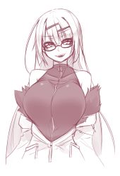 Rule 34 | 1girl, :d, bare shoulders, breasts, glasses, greyscale, hair ornament, hairclip, highres, jacket, large breasts, long hair, looking at viewer, monochrome, off shoulder, open mouth, original, simple background, sketch, smile, solo, sub-res, upper body, very long hair, white background