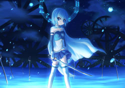 Rule 34 | 1girl, archer (fate), blue eyes, blue hair, blue theme, cape, fate/stay night, fate (series), female focus, magical girl, mahou shoujo madoka magica, mahou shoujo madoka magica (anime), matching hair/eyes, miki sayaka, musical note, outdoors, parody, short hair, sky, solo, sword, takuya kame, thighhighs, unlimited blade works (fate), weapon, wheel