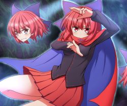 Rule 34 | 1girl, arms up, aura, black shirt, bow, cape, cowboy shot, furrowed brow, grin, hair between eyes, hair bow, hand on own forehead, leaf, leaf background, leaning to the side, long sleeves, looking at viewer, miniskirt, pleated skirt, pointing, pointing at viewer, red cape, red eyes, red hair, red skirt, sekibanki, severed head, shirt, short hair, skirt, smile, solo, teoi (good chaos), touhou