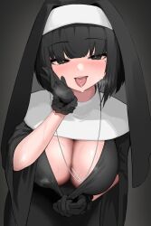 Rule 34 | 1girl, absurdres, black eyes, black gloves, black hair, blunt bangs, breasts, chocpocalypse, gloves, grey background, habit, highres, large breasts, nun, original, piercing, short hair, simple background, steam, steaming body, tongue, tongue out, tongue piercing, traditional nun