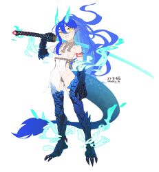 Rule 34 | 1girl, absurdres, animal feet, animal hands, arm tattoo, arm up, artist name, blue fire, blue hair, blue scales, breasts, claws, dragon girl, dragon horns, dragon tail, fiery hair, fire, full body, fur-tipped tail, hair over shoulder, highres, holding, holding sword, holding weapon, horns, katana, knifecat, long hair, looking at viewer, monster girl, open mouth, original, over shoulder, pelvic curtain, pointy ears, rope, scales, see-through, shimenawa, simple background, slit pupils, small breasts, solo, standing, sword, sword over shoulder, tail, tattoo, twitter username, very long hair, weapon, weapon over shoulder, white background, yellow eyes