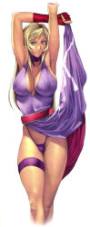 Rule 34 | 1girl, armpits, arms up, b.jenet, bare shoulders, belt, blonde hair, blue eyes, blush, bracelet, breasts, cleavage, clothes lift, collar, covered erect nipples, curvy, dress, dress lift, elbow gloves, fatal fury, fingerless gloves, garou: mark of the wolves, gloves, heart, highleg, highleg panties, homare (fool&#039;s art), jenet behrn, jewelry, knees, large breasts, legband, legs, long hair, muscular, nipples, no bra, panties, pantyshot, pirate, purple panties, skirt, skirt lift, snk, solo, the king of fighters, thigh strap, thighs, thong, underwear