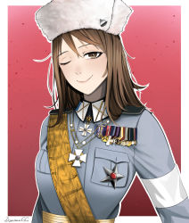 Rule 34 | 1girl, breast pocket, breasts, brown eyes, brown hair, commission, darkpulsegg, epaulettes, fur hat, girls und panzer, hat, highres, long hair, medal, medium breasts, mika (girls und panzer), military, military uniform, one eye closed, pocket, sash, solo, upper body, white hat