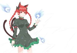 Rule 34 | 1girl, animal ears, bayunlianjin, black nails, bow, braid, cat ears, cat tail, dress, extra ears, green dress, hair bow, highres, hitodama, kaenbyou rin, long sleeves, multiple tails, nail polish, nekomata, red eyes, red hair, skull, solo, tail, touhou, twin braids, two tails