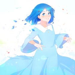 Rule 34 | 1girl, blue dress, blue feathers, blue hair, dress, feathers, food-themed hair ornament, girl (liz to aoi tori), hair ornament, hanr10, hibike! euphonium, highres, liz to aoi tori, medium hair, simple background, solo, standing, white background, wide sleeves
