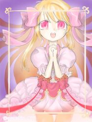Rule 34 | 1girl, blonde hair, chaos marie (grimms notes), dress, frills, grimms notes, hair ribbon, long hair, open mouth, own hands together, pink eyes, puffy short sleeves, puffy sleeves, purple background, ribbon, short sleeves, solo, suzushiro 0111, teeth, upper teeth only, wings