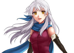 Rule 34 | 1girl, :d, black sleeves, blue bow, blue scarf, bow, breasts, brown eyes, detached sleeves, fire emblem, fire emblem: radiant dawn, floating hair, hair bow, hazuki (nyorosuke), jacket, long hair, long sleeves, micaiah (fire emblem), nintendo, open mouth, red jacket, scarf, silver hair, simple background, sleeveless, sleeveless jacket, small breasts, smile, solo, upper body, white background