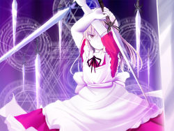 Rule 34 | 1girl, alternate eye color, aw, bad id, bad pixiv id, blade, blonde hair, blurry, clothes lift, collared dress, depth of field, dress, dress lift, female focus, gradient background, hexagram, maid, motion blur, mystic square, purple background, solo, sparkle, sword, touhou, touhou (pc-98), weapon, yumeko (touhou)