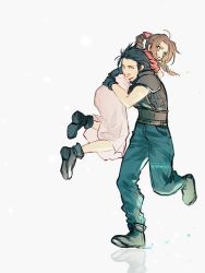 Rule 34 | 1boy, 1girl, aerith gainsborough, armor, black gloves, black hair, boots, braid, braided ponytail, brown hair, carrying, carrying over shoulder, carrying person, couple, dress, facial scar, final fantasy, final fantasy vii, final fantasy vii remake, full body, gloves, green eyes, hair ribbon, happy, highres, jacket, lifting person, long hair, maiii (smaii i), open mouth, pink dress, pink ribbon, red jacket, ribbon, running, scar, scar on cheek, scar on face, shoulder armor, simple background, spiked hair, sweater, turtleneck, turtleneck sweater, zack fair