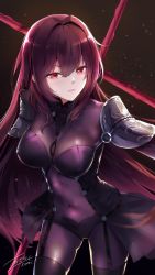 Rule 34 | 1girl, armor, asahi kuroi, bodysuit, breasts, dark background, fate/grand order, fate (series), gae bolg (fate), hair intakes, highres, holding, holding weapon, large breasts, leotard, long hair, pauldrons, polearm, purple bodysuit, purple hair, purple leotard, red eyes, scathach (fate), scathach (fate), shoulder armor, signature, solo, spear, weapon