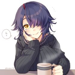 Rule 34 | 1girl, alternate costume, artist name, bad id, bad pixiv id, black sweater, blush, breast rest, breasts, brown eyes, closed mouth, coffee, coffee mug, cup, eyepatch, hair over one eye, hand on own cheek, hand on own face, highres, kantai collection, kotobuki (momoko factory), large breasts, long sleeves, looking at viewer, messy hair, mug, purple hair, short hair, solo, speech bubble, sweater, tenryuu (kancolle), translated, twitter username, upper body