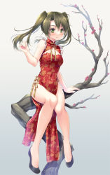 Rule 34 | 1girl, alternate costume, black footwear, cleavage cutout, clothing cutout, comiket 99, commentary request, dark green hair, dress, frilled dress, frills, full body, green eyes, highres, kantai collection, long hair, looking at viewer, minakami nagara, red dress, side slit, sitting, solo, thighs, tree, twintails, zuikaku (kancolle)