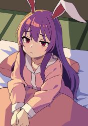 Rule 34 | 1girl, animal ears, closed mouth, commentary request, highres, kv-san, long hair, long sleeves, pajamas, pillow, pink pajamas, pink shirt, purple eyes, rabbit ears, red eyes, reisen udongein inaba, shirt, sidelocks, solo, touhou, upper body, very long hair