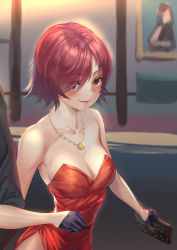 Rule 34 | 1girl, alternate costume, arknights, bag, bare shoulders, black gloves, breasts, cleavage, dress, exusiai (arknights), eyes visible through hair, gloves, grin, half gloves, handbag, highres, jewelry, locked arms, looking at viewer, nagatsuki (nyagatsuki), necklace, painting (object), red dress, red eyes, red hair, short hair, smile, solo, strapless, strapless dress