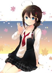 Rule 34 | 10s, 1girl, adapted costume, ahoge, arm support, bad id, bad pixiv id, black hair, blue eyes, braid, collarbone, hair flaps, hair ornament, hair over shoulder, hairpin, kantai collection, leaf, long hair, long sleeves, looking at viewer, maple leaf, necktie, plaid, plaid skirt, shigure (kancolle), shigure kai ni (kancolle), shirt, single braid, sitting, skirt, smile, solo, two-tone background, vest, yukichi (eikichi)