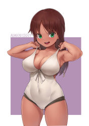Rule 34 | 1girl, :d, absurdres, alice gear aegis, aomoro, armpits, bare arms, blush, breasts, brown hair, cleavage, commentary, covered navel, cowboy shot, dark-skinned female, dark skin, dated, dated commentary, green eyes, highres, holding strap, kaneshiya sitara, large breasts, leotard, long hair, looking at viewer, open mouth, signature, simple background, smile, solo, standing, teeth, upper teeth only, white leotard