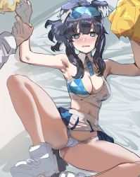 Rule 34 | 1girl, animal ears, armpits, bare shoulders, bed sheet, black hair, blue archive, blue eyes, blush, bow (bhp), breasts, cameltoe, cheerleader, cleavage, crop top, dog ears, dog girl, dog tail, eyewear on head, goggles, goggles on head, halo, hibiki (blue archive), hibiki (cheer squad) (blue archive), highleg, holding another&#039;s wrist, long hair, long sleeves, looking at viewer, lying, medium breasts, midriff, millennium cheerleader outfit (blue archive), navel, on back, open mouth, panties, pom pom (cheerleading), shoes, skirt, solo focus, split, tail, thighs, underwear, white skirt