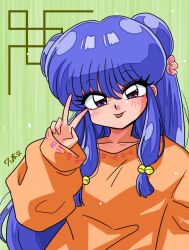 Rule 34 | 1girl, abstract background, bell, blush, double bun, flower, green background, hair bell, hair bun, hair flower, hair ornament, hand gesture, hand up, highres, long hair, long sleeves, looking at viewer, orange sweater, pink flower, purple eyes, purple hair, ranma 1/2, shampoo (ranma 1/2), signature, sweater, tongue, tongue out, v, wanta (futoshi)