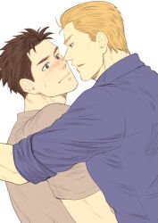 Rule 34 | 2boys, albert wesker, black hair, blonde hair, blue shirt, blush, chris redfield, closed mouth, collared shirt, eye contact, grey shirt, looking at another, male focus, multiple boys, resident evil, resident evil 1, shirt, short hair, simple background, upper body, white background, yaoi, you mama n