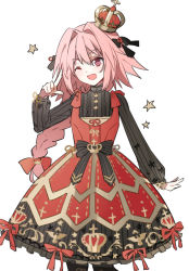 Rule 34 | 1boy, ;d, astolfo (fate), big hair, black bow, black pantyhose, bow, braid, brooch, center frills, collar, commentary request, cowboy shot, crown, dot nose, dress, dress bow, fang, fate/apocrypha, fate (series), frilled collar, frilled dress, frills, gold trim, hair between eyes, hair bow, hair intakes, hand up, head tilt, jewelry, leopardtiger, lolita fashion, long hair, long sleeves, looking at viewer, male focus, multicolored clothes, multicolored dress, one eye closed, open mouth, pantyhose, pink hair, puffy long sleeves, puffy sleeves, purple eyes, red bow, ribbon, ribbon-trimmed dress, simple background, single braid, smile, solo, standing, standing on one leg, star (symbol), striped bow, striped clothes, striped dress, trap, vertical-striped clothes, vertical-striped dress, white background, yellow ribbon
