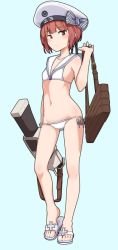 Rule 34 | 1girl, aqua background, bag, bikini, brown eyes, brown hair, commentary request, dress, full body, gun, hat, kantai collection, kikunosukemaru, looking at viewer, sailor bikini, sailor collar, sailor dress, sailor hat, sandals, short hair, simple background, solo, split mouth, standing, swimsuit, weapon, white bikini, white hat, white sailor collar, z3 max schultz (kancolle)