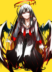 1girl absurdres amateru antenna_hair black_hair black_serafuku black_skirt black_wings blood blood_halo blue_archive closed_mouth gradient_hair halo highres liquid_halo long_hair long_skirt multicolored_hair red_eyes red_hair school_uniform serafuku simple_background skirt solo tsurugi_(blue_archive) very_long_hair wings yellow_background