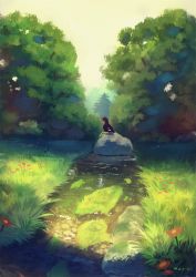 Rule 34 | bad id, bad pixiv id, bird, commentary request, day, flower, forest, from side, grass, green theme, highres, manino (mofuritaionaka), nature, no humans, original, outdoors, red flower, river, rock, scenery, signature, sitting, tree