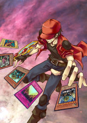 Rule 34 | 1boy, absurdres, andro sphinx, black gloves, black shirt, card, covered eyes, duel disk, duel monster, gloves, hat, highres, jacket, knee pads, konami-kun, left arm of the forbidden one, linky, male focus, pyramid of light, red headwear, shirt, shoulder pads, sphinx teleia, t-shirt, theinen the great sphinx, yu-gi-oh!, yu-gi-oh! tag force