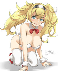 Rule 34 | 1girl, alternate costume, artist name, blonde hair, blue eyes, blush, bow, bowtie, breasts, cleavage, dated, detached collar, fake tail, gakky, gambier bay (kancolle), grey hairband, hairband, highres, kantai collection, kneeling, large breasts, leotard, long hair, on ground, one-hour drawing challenge, open mouth, playboy bunny, red bow, red bowtie, red footwear, simple background, solo, tail, thighhighs, twintails, white background, white leotard, white thighhighs, wrist cuffs