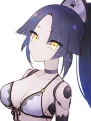 Rule 34 | 1girl, bikini, black hair, breasts, fate/grand order, fate (series), front-tie bikini top, front-tie top, highres, joints, katou danzou (fate), medium breasts, ponytail, robot joints, solo, suzukimadaka, swimsuit, white background, yellow eyes