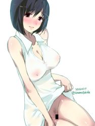 Rule 34 | 1girl, :d, bar censor, bare shoulders, black eyes, black hair, blush, censored, clothes lift, covered erect nipples, dated, dress, dress lift, enomoto hidehira, female pubic hair, lifted by self, looking at viewer, no panties, nose blush, open mouth, original, pubic hair, pussy, see-through, short hair, sleeveless, sleeveless dress, smile, solo, twitter username, white dress
