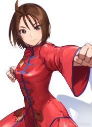 Rule 34 | 1girl, akisa yositake, blouse, breasts, brown eyes, brown hair, chinese clothes, clenched hands, closed mouth, commentary request, fighting stance, justice gakuen, kazama akira, long sleeves, looking at viewer, medium breasts, red shirt, shirt, short hair, simple background, street fighter, street fighter v, twitter username, white background