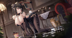 Rule 34 | 1girl, absurdres, all fours, anal, anal object insertion, anal tail, animal ears, antique phone, areola slip, ass, ass cutout, azur lane, black dress, black flower, black hair, black rose, bodystocking, breasts, brown gloves, butt plug, cat, chair, checkered floor, chen hai (azur lane), chen hai (vestibule of wonders) (azur lane), china dress, chinese clothes, clothing cutout, corded phone, dress, elbow gloves, fake animal ears, fake tail, flower, gloves, highres, holding, holding tray, indoors, jfzm001, lace, lace-trimmed gloves, lace trim, lamppost, large breasts, manjuu (azur lane), object insertion, official alternate costume, pelvic curtain, phone, rabbit ears, rabbit tail, red eyes, reflective floor, rose, rotary phone, sex toy, solo, tail, taut clothes, taut dress, tight clothes, tight dress, tray