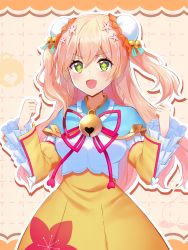Rule 34 | + +, 1girl, :d, bell, blue capelet, blush, breasts, bun cover, capelet, commentary request, detached sleeves, double bun, fang, flower, green eyes, hair between eyes, hair bun, hair flower, hair ornament, hands up, highres, hololive, jingle bell, juliet sleeves, light brown hair, long hair, long sleeves, looking at viewer, medium breasts, mikomiko (mikomikosu), momosuzu nene, open mouth, outline, puffy sleeves, red ribbon, ribbon, shirt, skirt, smile, solo, two side up, v-shaped eyebrows, very long hair, virtual youtuber, white outline, white shirt, yellow skirt, yellow sleeves